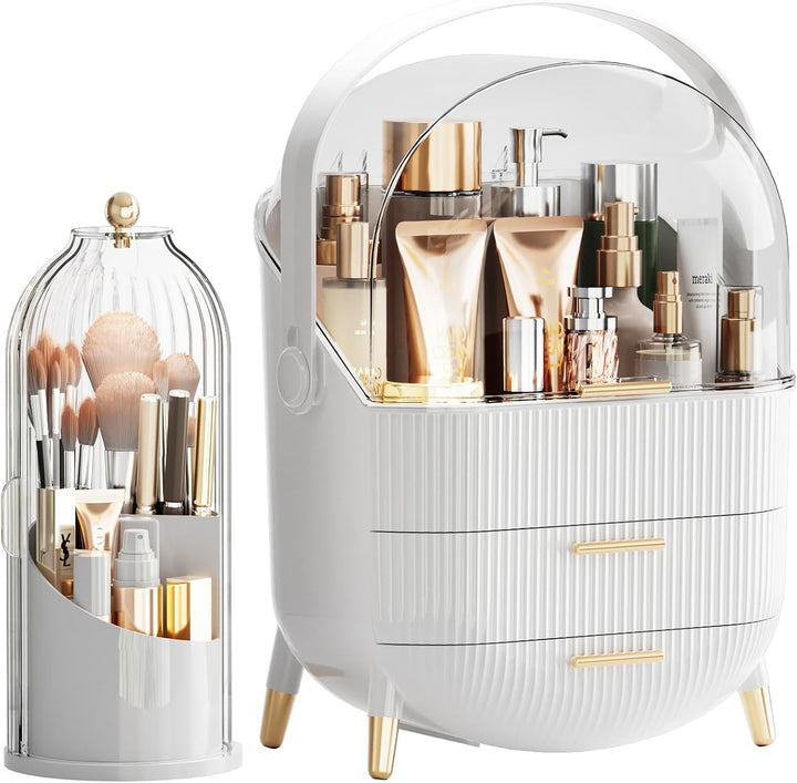 Cosmetic organizer with skincare products and brushes on a white background