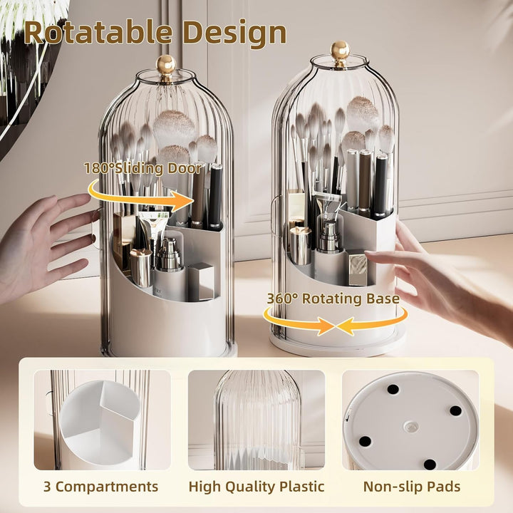 Rotatable cosmetic organizer with sliding door and rotating base, shown with hands interacting.