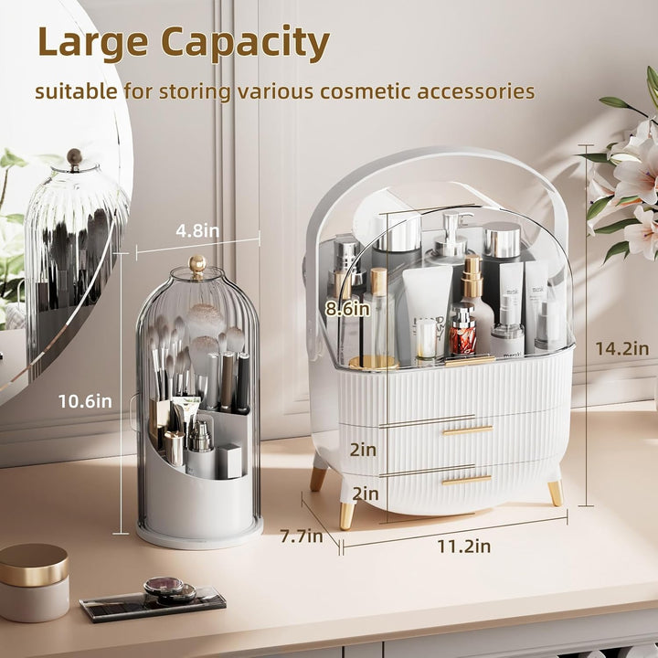 Cosmetic organizer with measurements and storage capacity details on a neutral background