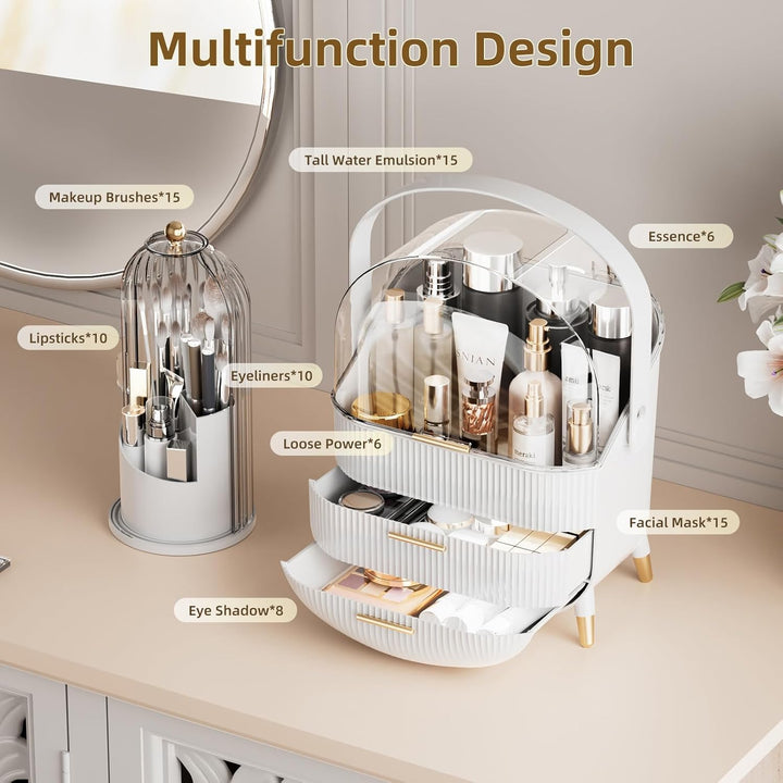 Cosmetic organizer with labeled compartments on a neutral background