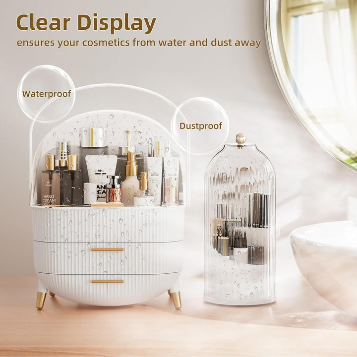 Cosmetic organizer with clear display case on a bathroom counter, featuring text about waterproof and dustproof properties.