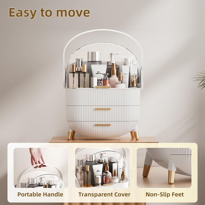 Cosmetic organizer with multiple drawers and compartments, featuring a portable handle, transparent cover, and non-slip feet.